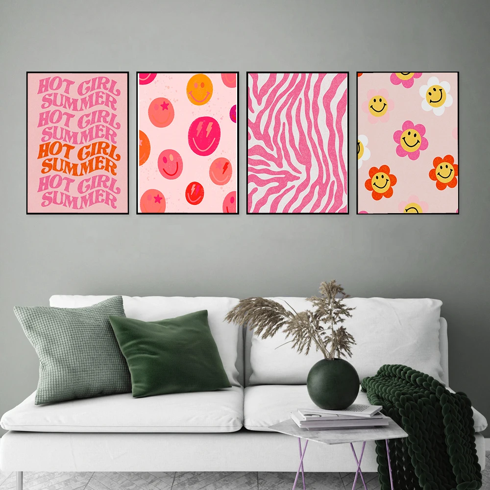 Феминистское искусство розовая и оранжевая девушка энергия улыбающееся лицо