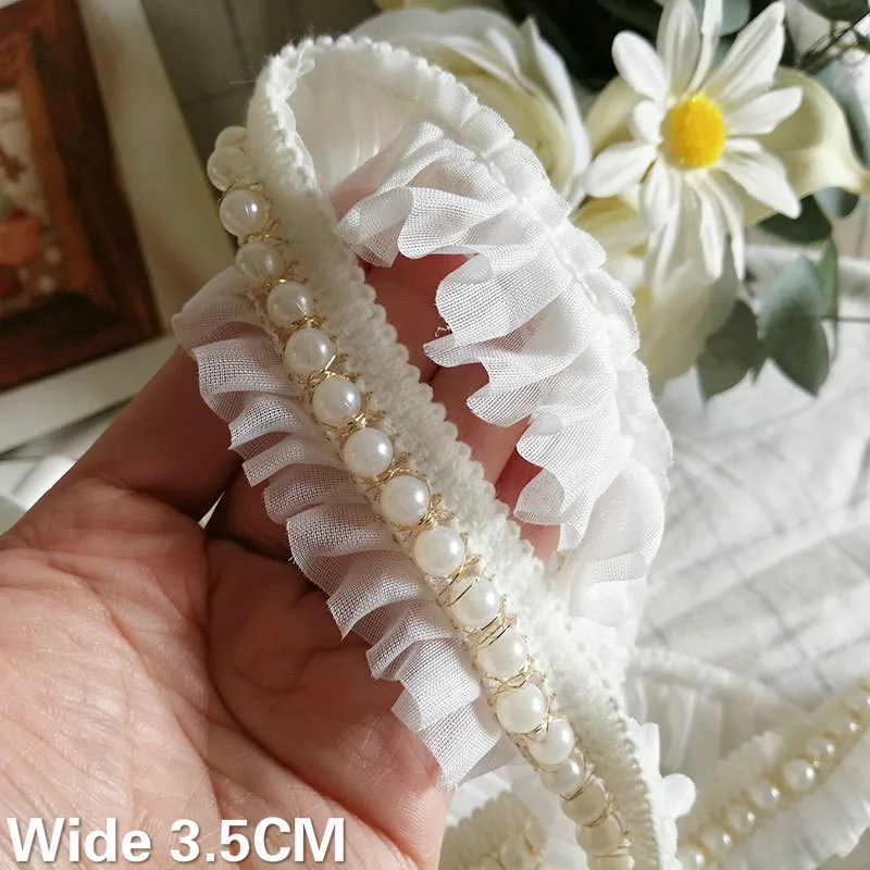 

3,5 см широкий белый шифон 3D плиссированная вышитая лента воротник шея блестящая отделка бисером свадебное платье швейная аппликация Декор