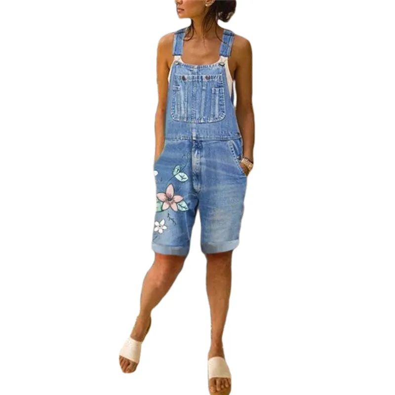 

2021 New Summer Women Long Jumpsuits Fashion Flowers Printed Jeans Short Romper Casual Floral Pocket Playsuit Denim Overalls