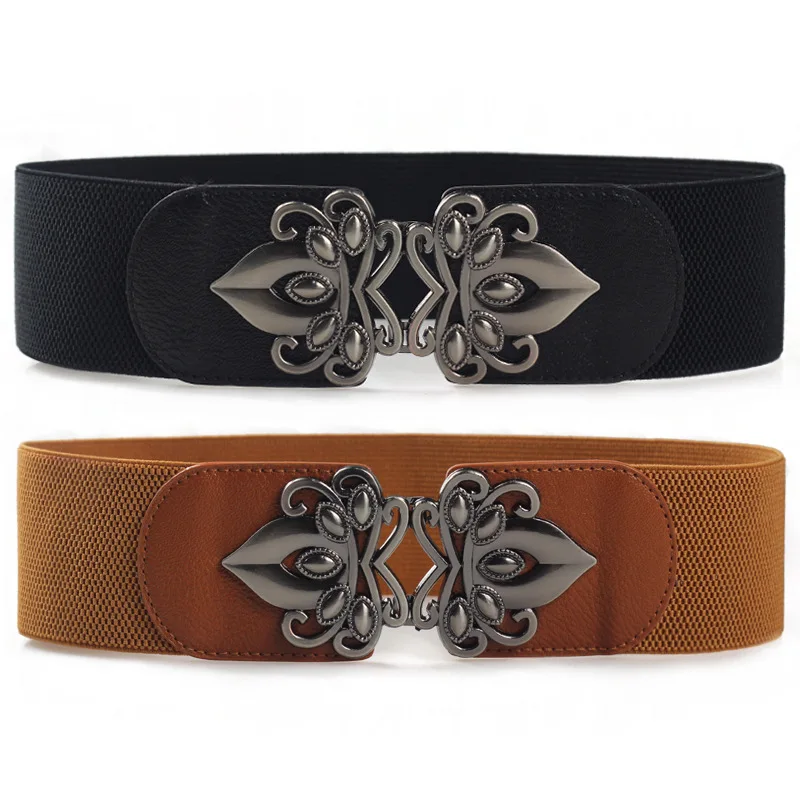 

Ladies Flower Metal Buckle Elastic Belt Stretchable Belt Black Belt For Pants