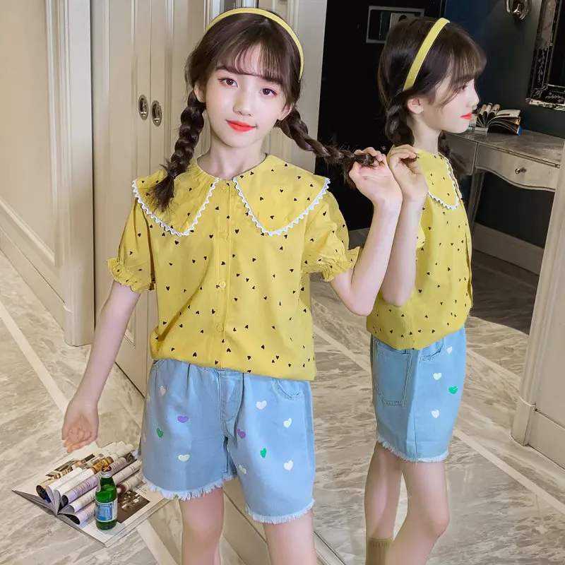 

2021 New Fashion Summer Girls Clothing Set Peter Pan Collar Top + Denim Shorts Heart Print Child Clothes Outfits Kids 4 To 13Yrs