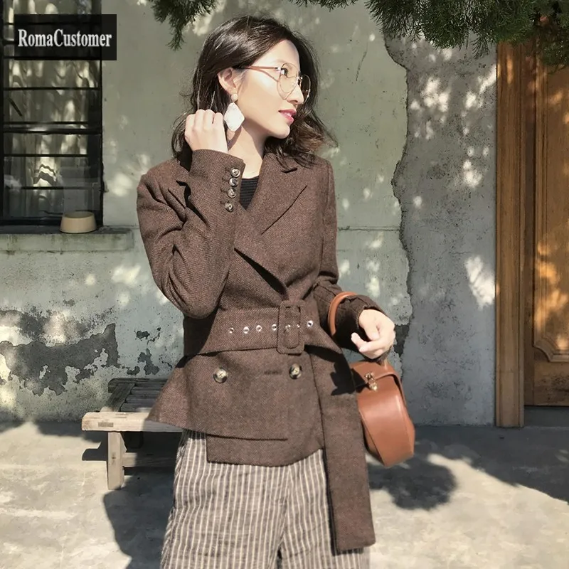 

Осенне-зимние женские новые костюмы, верхняя одежда, короткое тонкое двубортное винтажное элегантное корейское повседневное пальто с пояс...
