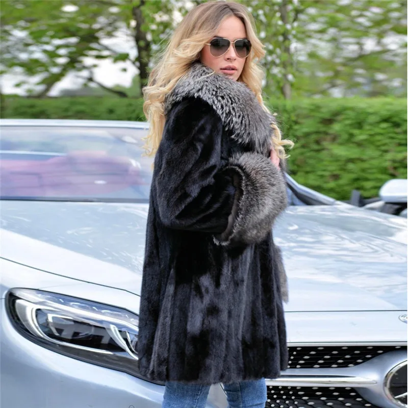 BFFUR Fashion Natural Mink Fur Coats Women Medium Length Genuine Mink Fur Jacket With Silver Fox Fur Collar Fur Overcoats 2022