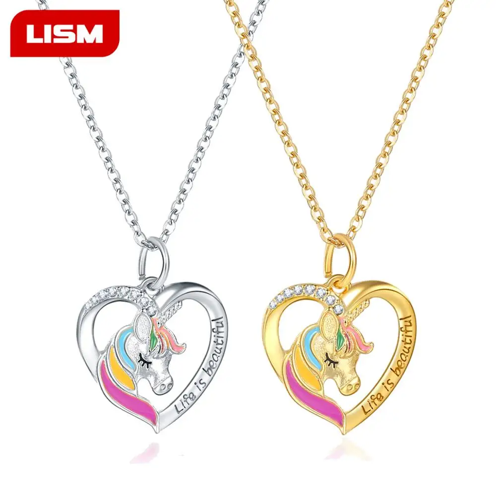 

New Jewelry Color Unicorn Necklace Valentine's Day Children's Day Gift Cartoon Horse Drop Oil Pendant