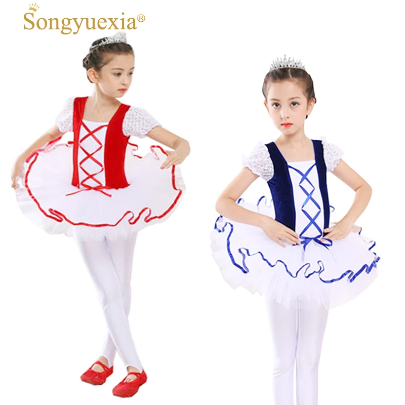 

2017 Newest Short Sleeve Lace Girls Ballerina Dress Child Blue Velet White Tulle Tutu Ballet Kids Party Performance Dance skiry