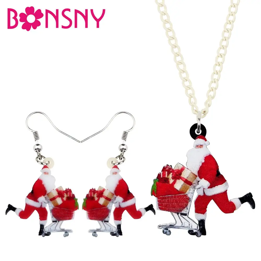 Bonsny Acrylic Christmas Shopping Cart Santa Claus Gift Box Jewelry Set Necklace Earrings For Women Girls Charms Festival Gifts | Украшения