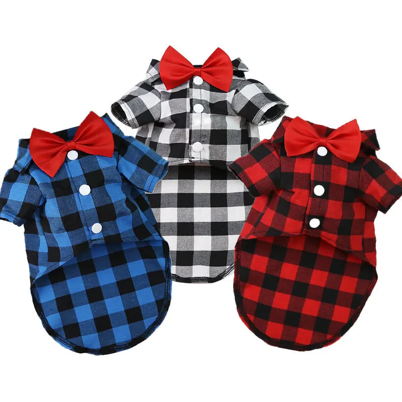 

Plaid Pets Clothes Small Medium Large Dogs Shirt Suit Wedding Dress French Bulldog Pug Corgi T-shirt with Bow Tie XS-4XL