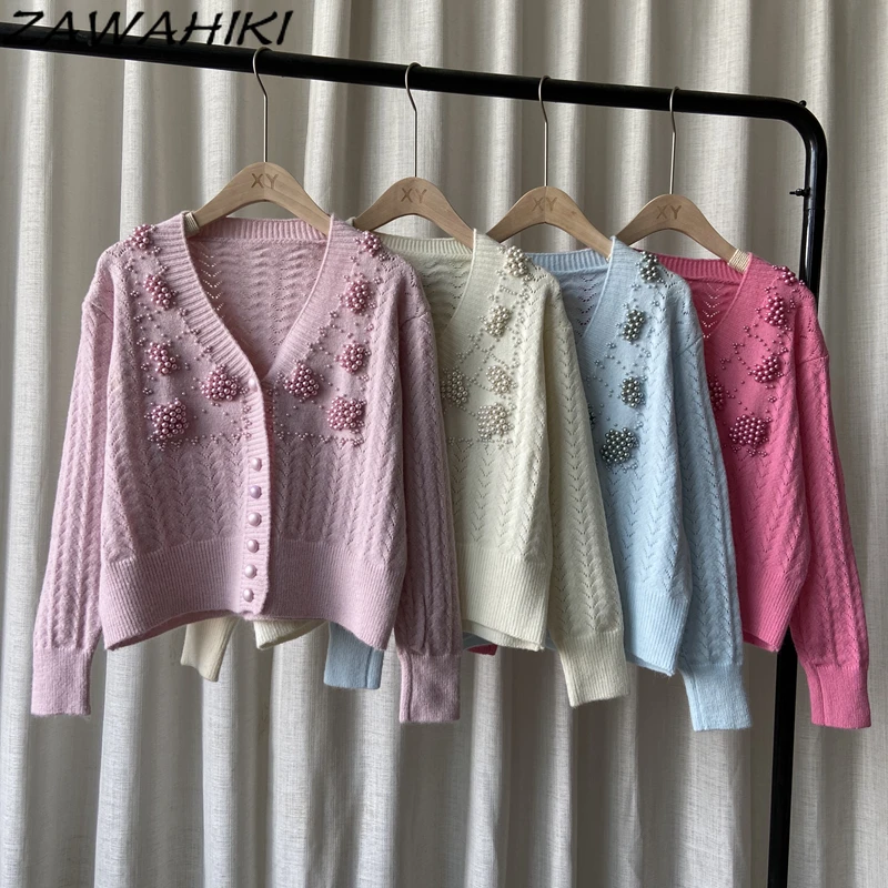 

ZAWAHIKI Sweet Cardigan Women Autumn Long Sleeve Pearls Casual Solid V Neck Sweaters Outer Wear Knit All-match Sweater Tops