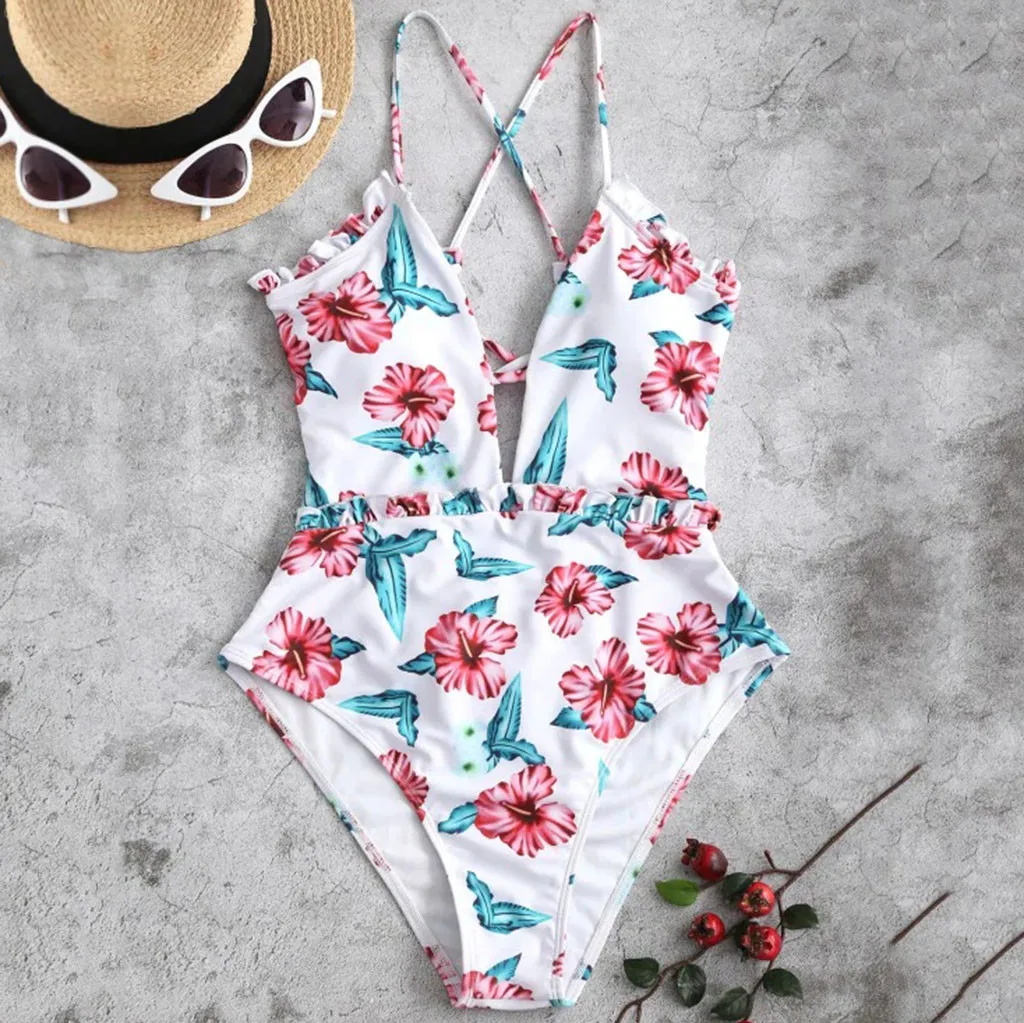 One-piece Women Sexy Plunging Floral Print Ruched Hem High Waisted One Piece Swimsuit Female Swimming Suit |