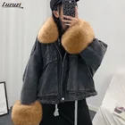 Luzuzi женская зимняя джинсовая куртка 2022 оверсайз с большим меховым воротником плюс бархатная куртка съемная Толстая свободная теплая верхняя одежда