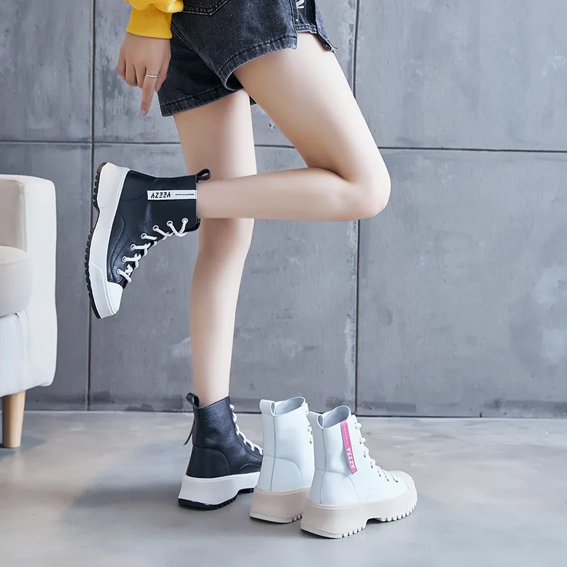 

DEEZLA Woman Lace up Ankle Boots women Black fashion platform shoes Winter Autumn Genuine Leather Short Boots Female shoes white