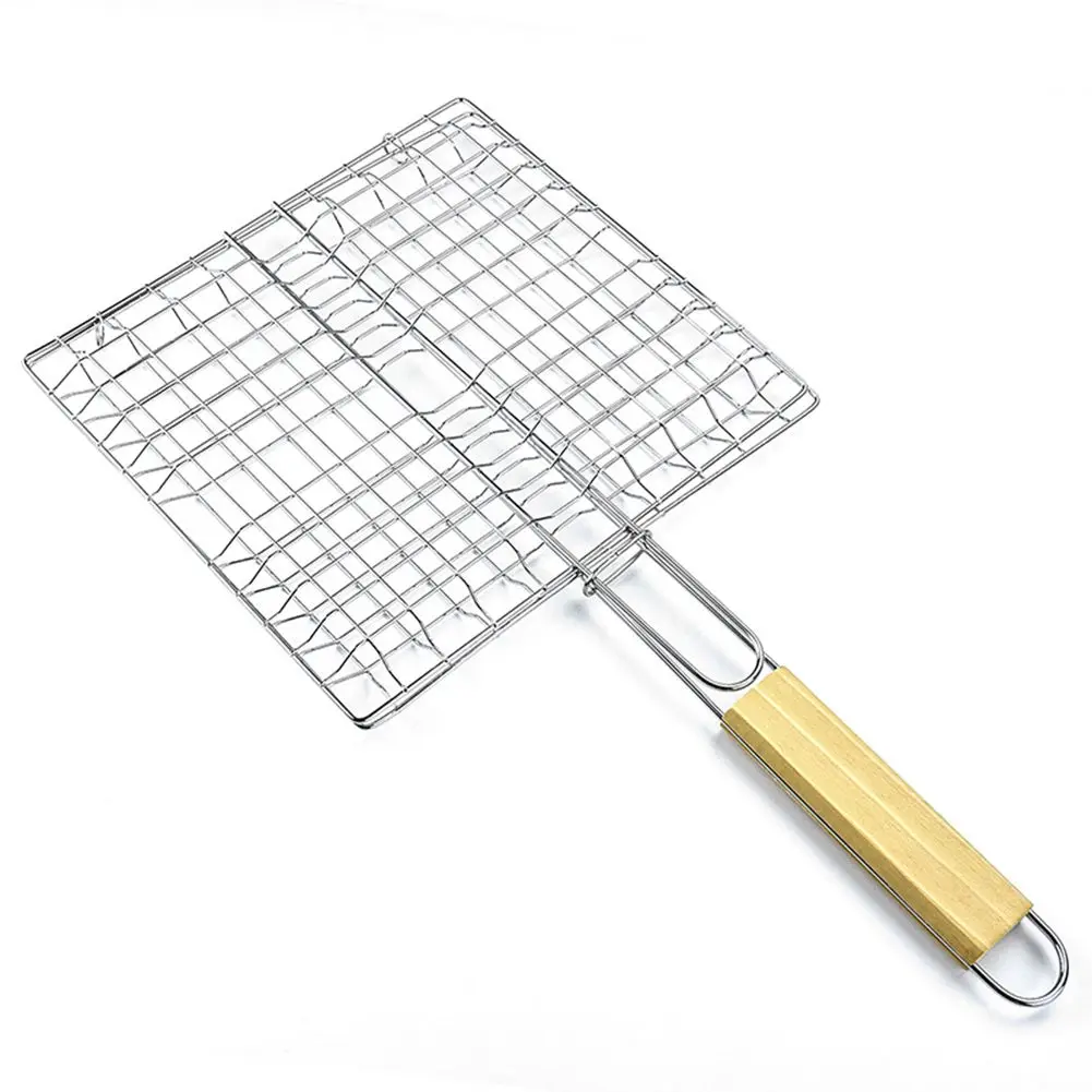 

Metal Iron Barbecue Grilling Basket BBQ Net With Wooden Handle Meat Fish Clip Holder Outdoor Picnic Tool BBQ Net Tools