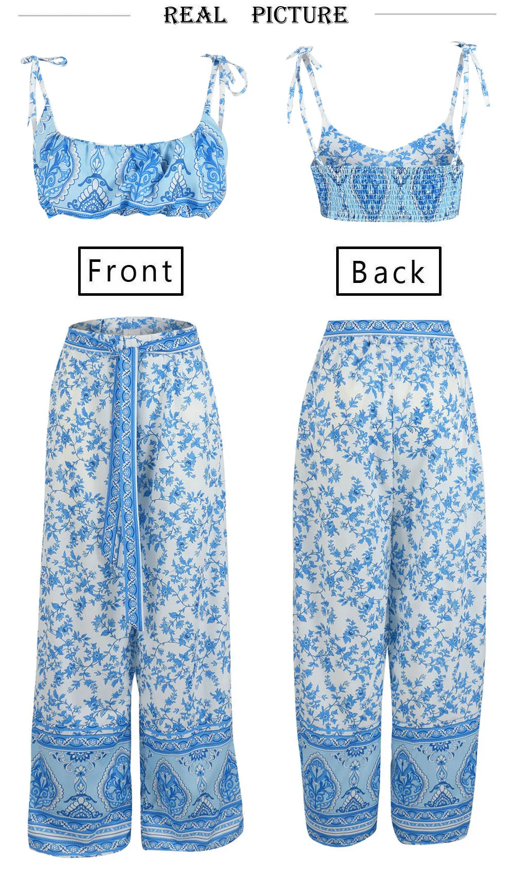 

Two Piece Sets Women 2021 Summer Floral Print Sleeveless Cami Crop Top Wide Leg Pant Bohemian Casual Loose 2Pcs Set Female