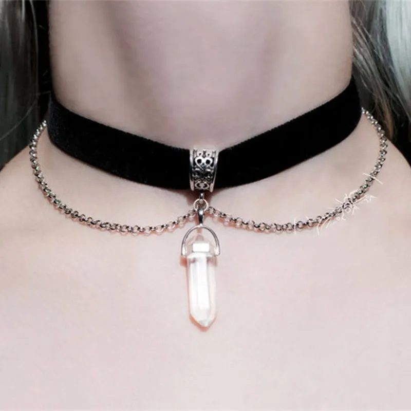 

New Fashion Black Velvet Collar Natural Transparent Quartz Hexagonal Column Crystal Pendant Necklace Ladies Jewelry Gift