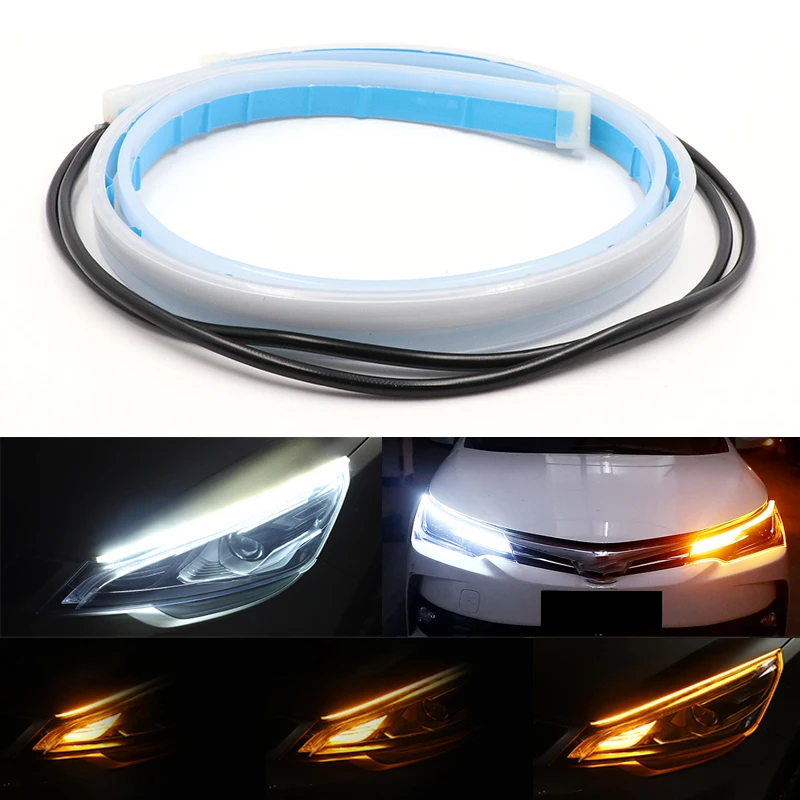 2X ультратонкие автомобильные DRL светодиодный дневные ходовые огни Гибкие для вождения белый указатель поворота желтая направляющая полоса для сборки фар
