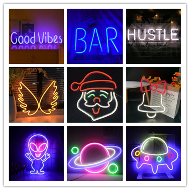 

Night Light Neon Sign USB HUSTLE Unicorn Christmas Tree Santa Claus Bells Bar Open Rainbow Led Backplane Neon Light for Decor