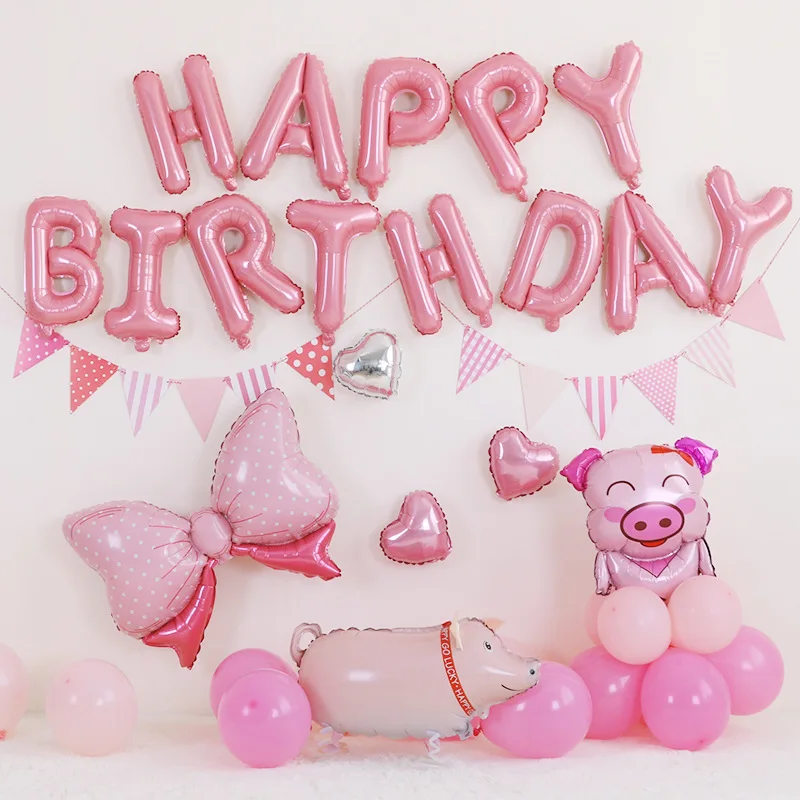 

Children's first birthday party decorated with letters Happy Birthday cute Pig combo balloon set