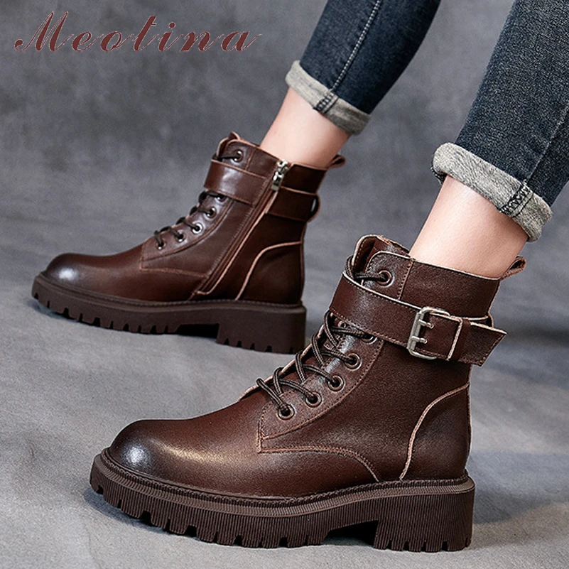 

Ботинки женские из натуральной кожи, на толстом каблуке, с круглым носком, на молнии