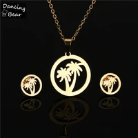 new arrival gold silver color stainless steel coconut tree pendant necklace earrings sets for women girls gifts sexy choker set