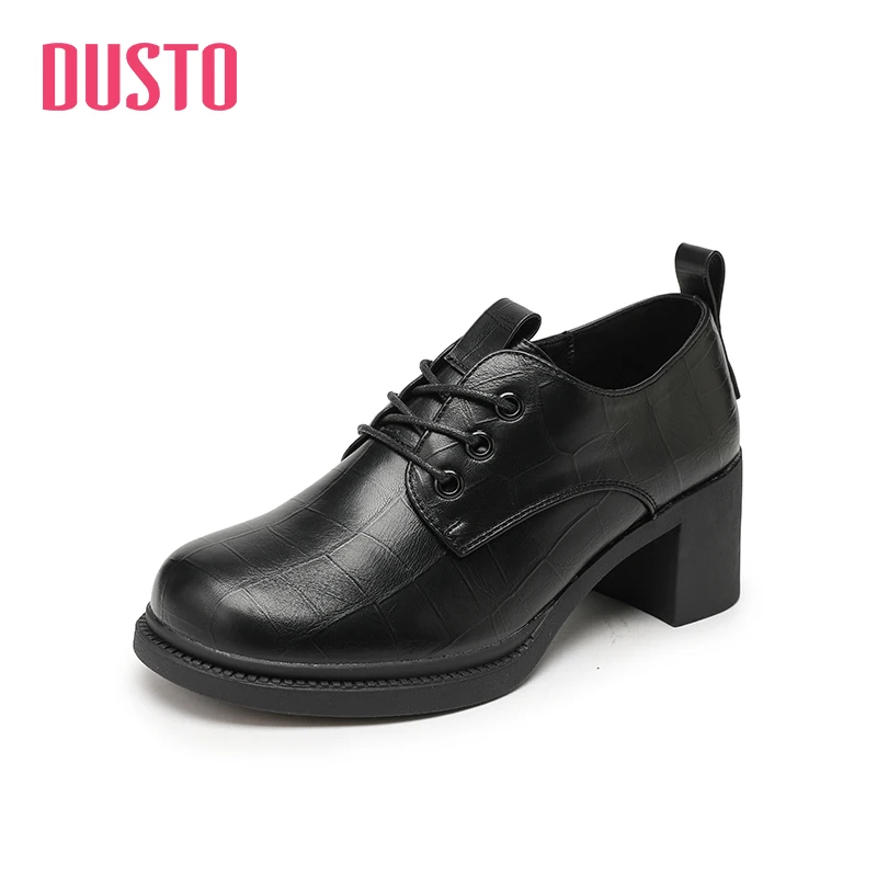 

DUSTO 2021 autumn new casual black thick heel simple square heel lace up sweet small leather shoes single shoes women's shoes