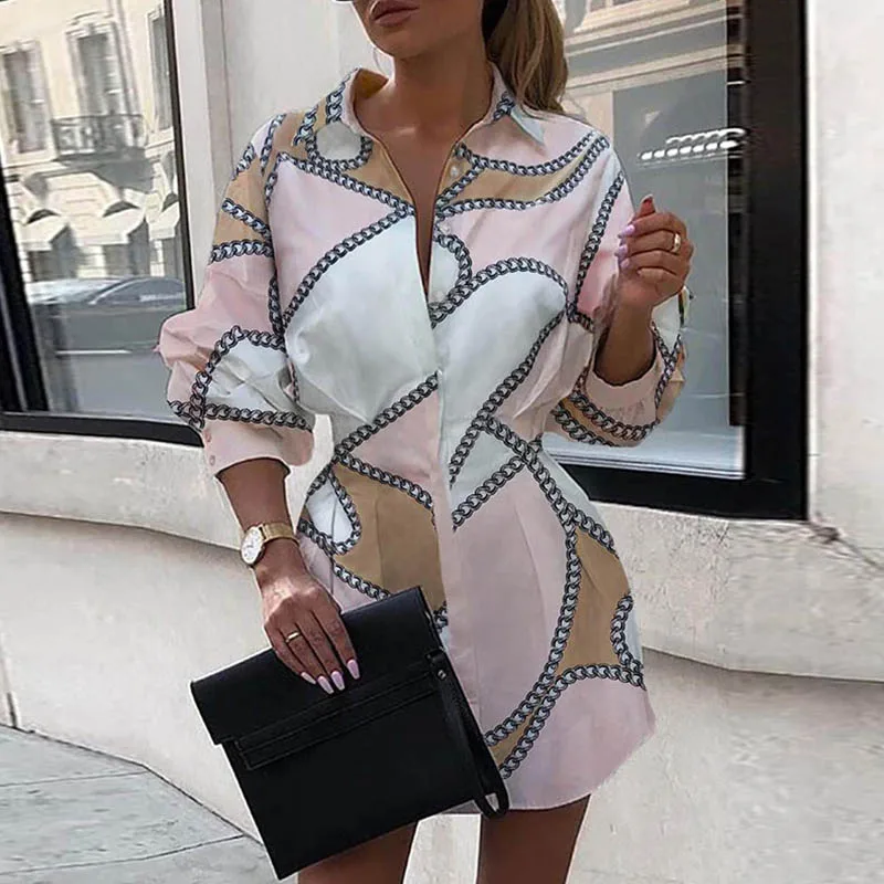 

2020 Dresses Long Sleeve Button Mini Dress Fashion Turn-Down Collar Office Dress Women Elegant Print Dresses Vestido De Mujer