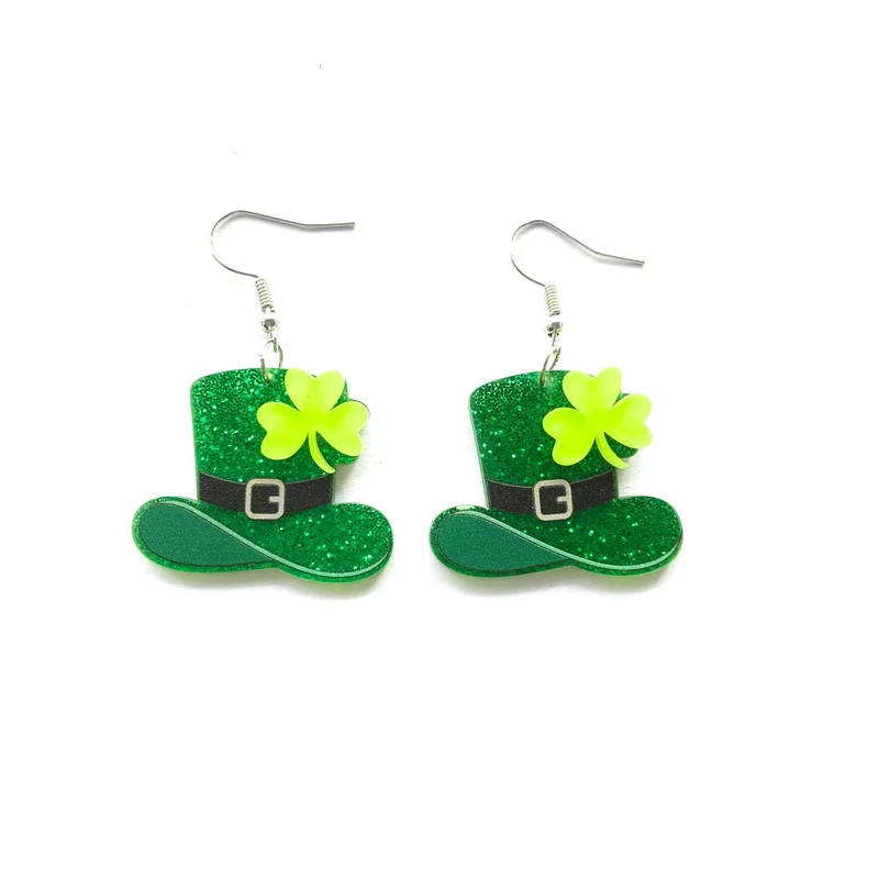 Trendy St. Patrick's Day Fashion Jewelry Glitter Green Hat With Shamrock Acrylic Dangle Earrings For Women