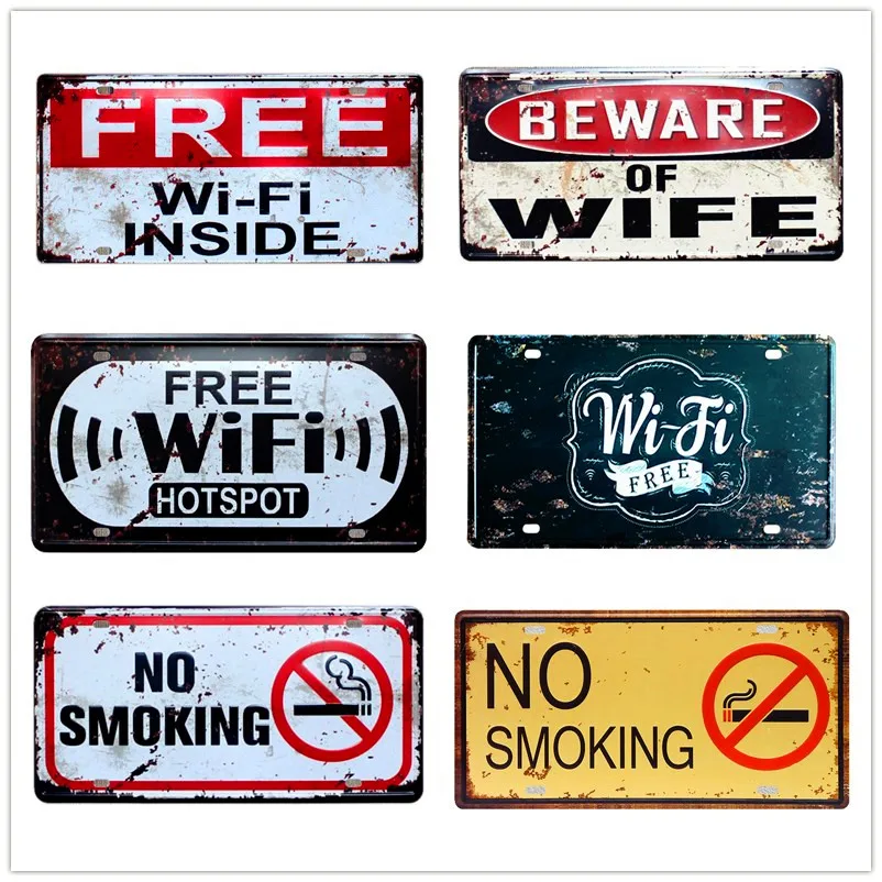 

30*15cm Free Wifi Vintage Metal Decorative License Plates Home Club Pub Bar Wall Decor Sign Retro Plaque Slogans Craft Gift N128