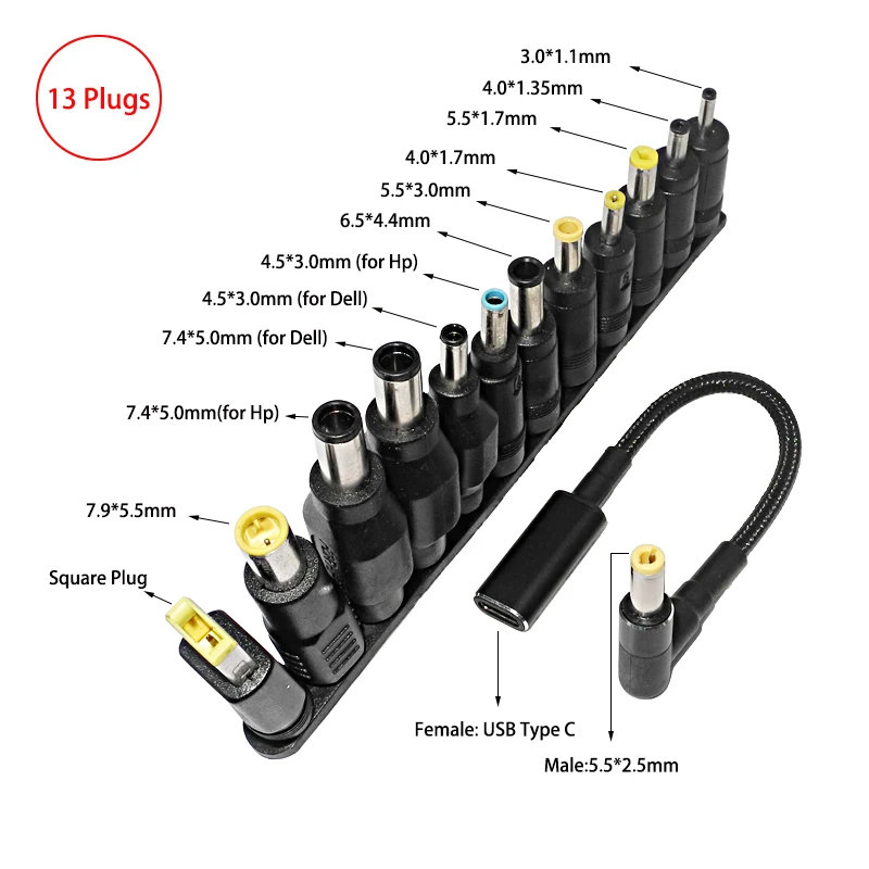 

100W Type C to Universal Notebook Adapter Connecter Dc Jack Usb C Laptop Charging Cable Cord Laptop Charger 13pcs Connector