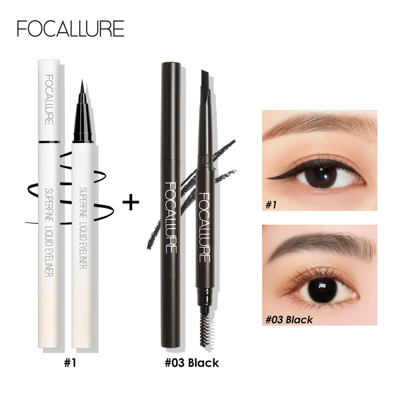 

FOCALLURE Black Eyeliner Super Waterproof and 3 Colors Eyebrow Pencil Longlasting Eye Makeup
