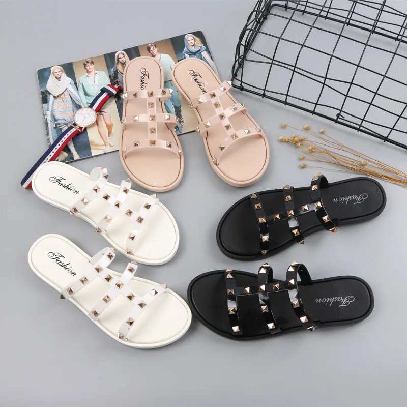 

Casual Fashion Slippers Outdoor Rivet Open Toe Anti-slip Flat Slides Solid Summer Leisure Shoes