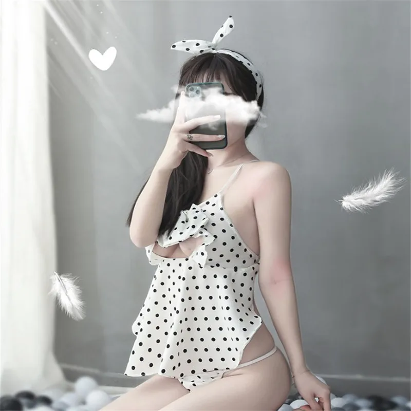 

Sexy Women Erotic Lingerie Cosplay Maid Cute Kawaii Open Chest Backless Spotted Apron Thong Swimsuit Chiffon Sling Nightdress