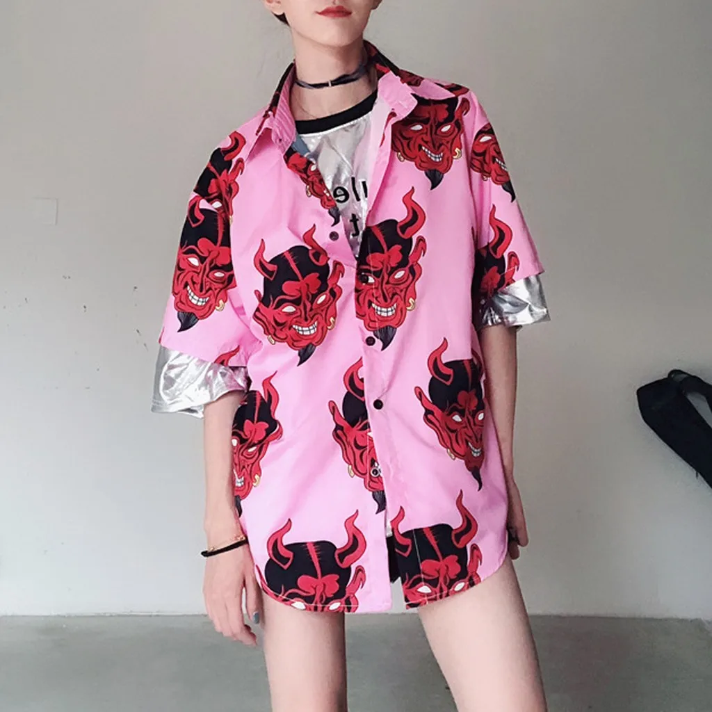 Женская блузка с длинным рукавом рубашка отложным воротником и принтом демонов