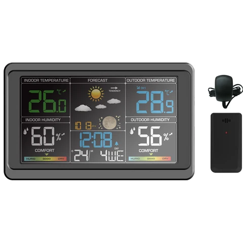 Метеостанция Geevon, беспроводной термометр для дома и улицы, цветной дисплей, с барометром, календарем, регулируемая подсветка
