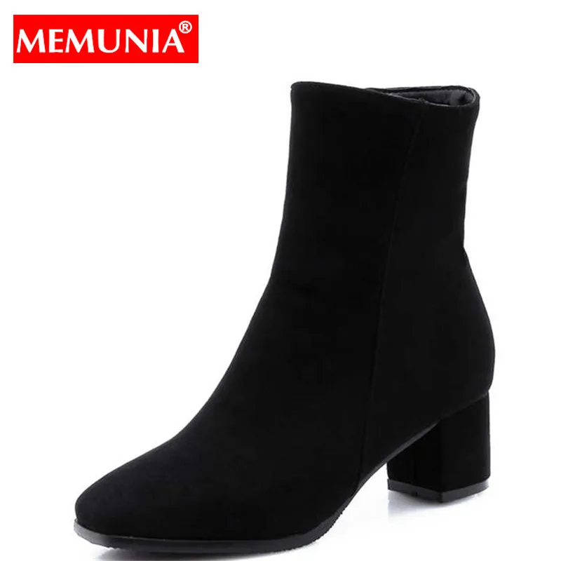 MEMUNIA/Большие размеры 34-48, новые высококачественные ботильоны для женщин с квадратным носком на высоком каблуке, простые базовые женские ботинки, модельные туфли