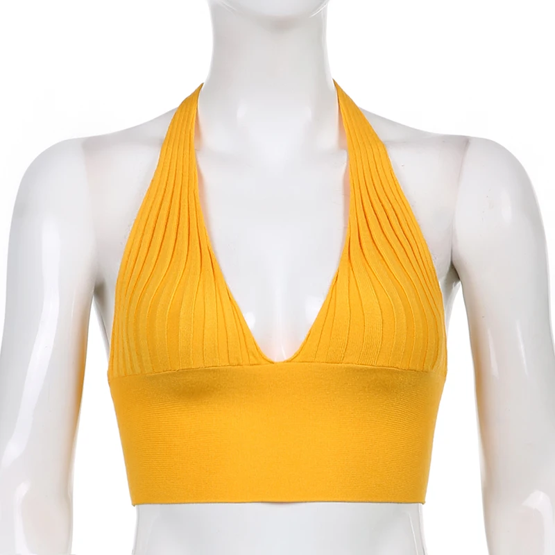 

2021 new Yellow V-neck Open Back Knit Top Y2K Aesthetic Pure Color Hollow Complete Set of Knitwear Crop Top Summer Ladies Club