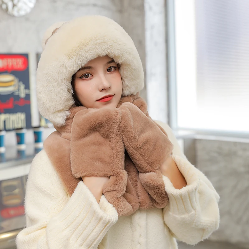 

Winter Hat Scarf Gloves Three-piece Suit Women's Fashion Warm Ear Protection Woolen Cap Riding All-match Windproof Knitted Hats