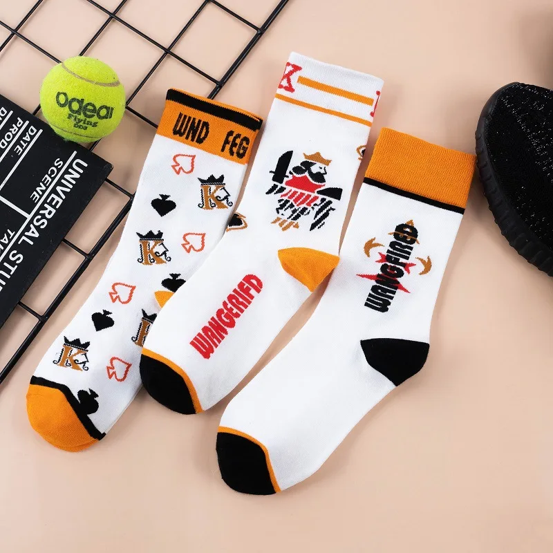 

Носки для скейтборда, белые, Харадзюку, новинка 2021, модные, унисекс, уличный стиль, забавные мужские носки с принтом покера, короля, попа, розе...