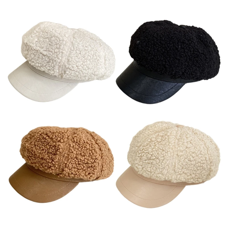 

Solid Color Octagonal Hat Vintage Artist Hat Show Face Small Painter Classic Lamb Wool Female Autumn Winter Warm 35EF