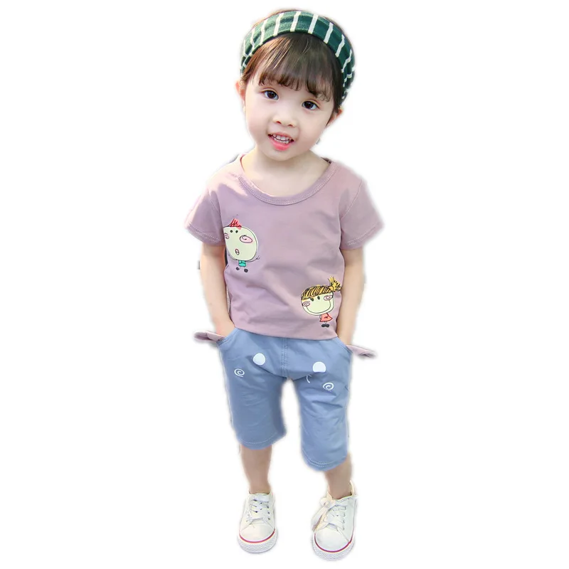 

Summer Cotton Children Baby Girls Set Casual Cartoon Print Pattern Short Sleeve Tops T-shirt+Shorts Suits Costume Set d