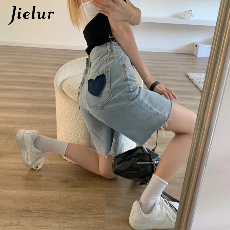 

Jielur Love Pocket Five-point Denim Shors Womens 2021 Korean Style Wide-leg Shorts for Women Embroidery Blue Jeans Female S-XL
