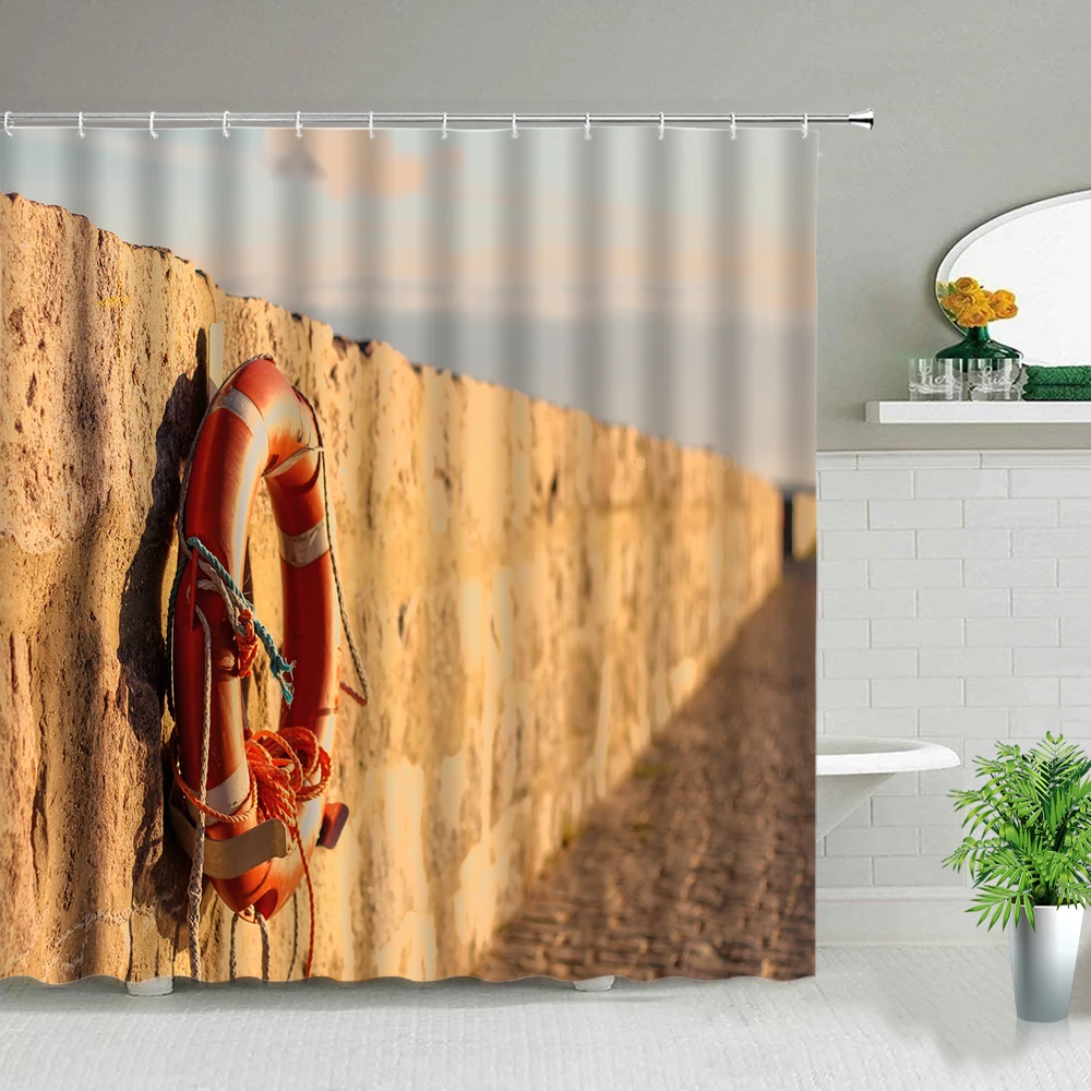 

Lighthouse Ocean Haiou Scenery Shower Curtains Beach Starfish Sea Landscape Bathroom Curtain Set Waterproof Fabric With Hooks