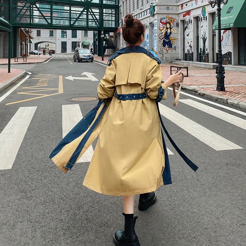 

Ladies Windbreaker Cowboy Retro Stitching Double-Breasted Spring Autumn Loose Casual Over Knee Long Denim Trench Women Coat
