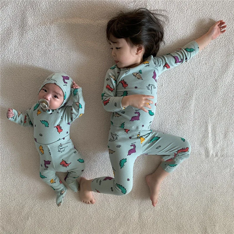 

Костюм из 2 предметов для малышей от 0 до 3 лет, рубашка с принтом динозавра + штаны с высокой талией, хлопковый комплект одежды для новорожден...