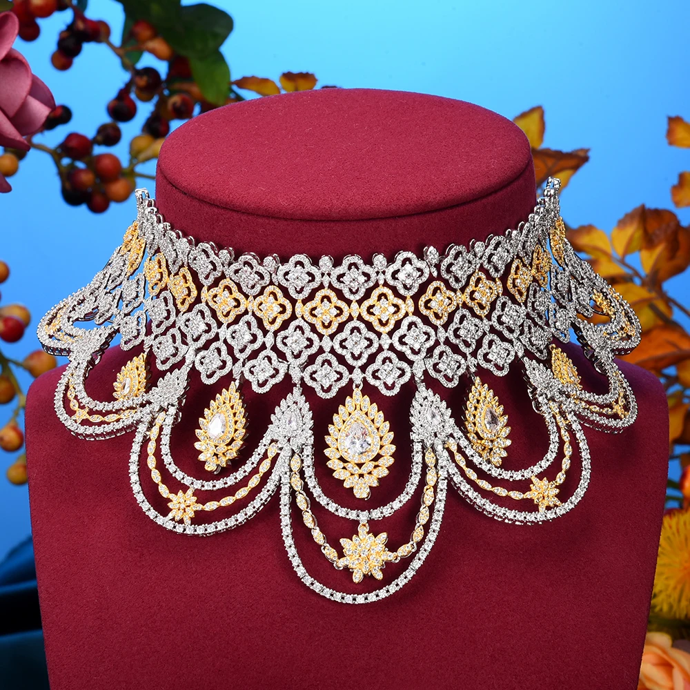 ?? Godki高級トレンディ花ナイジェリアジュエリー女性の結婚式立方ジルコンczチョーカードバイゴールドブライダルジュエリーセット