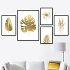 Модульный домашний декор, скандинавский Простой Холст, картина с золотыми листьями, растение, постеры и принты, декоративные картины для спальни, столовой