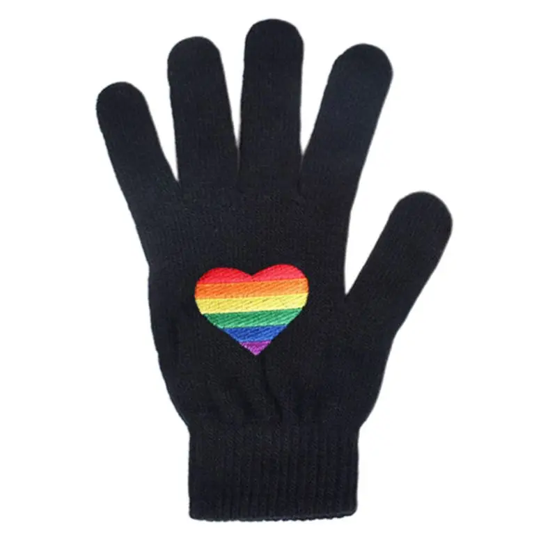 

Unisex Winter Knitted Full Finger Gloves Gay Pride Rainbow Stripes Heart Mittens