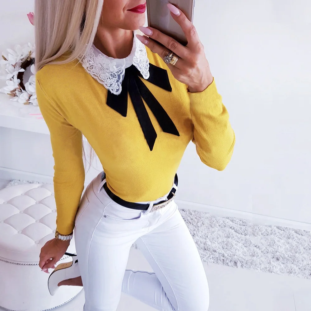 Элегантные вязаные топы с вышивкой и отложным воротником бантом офисный женский