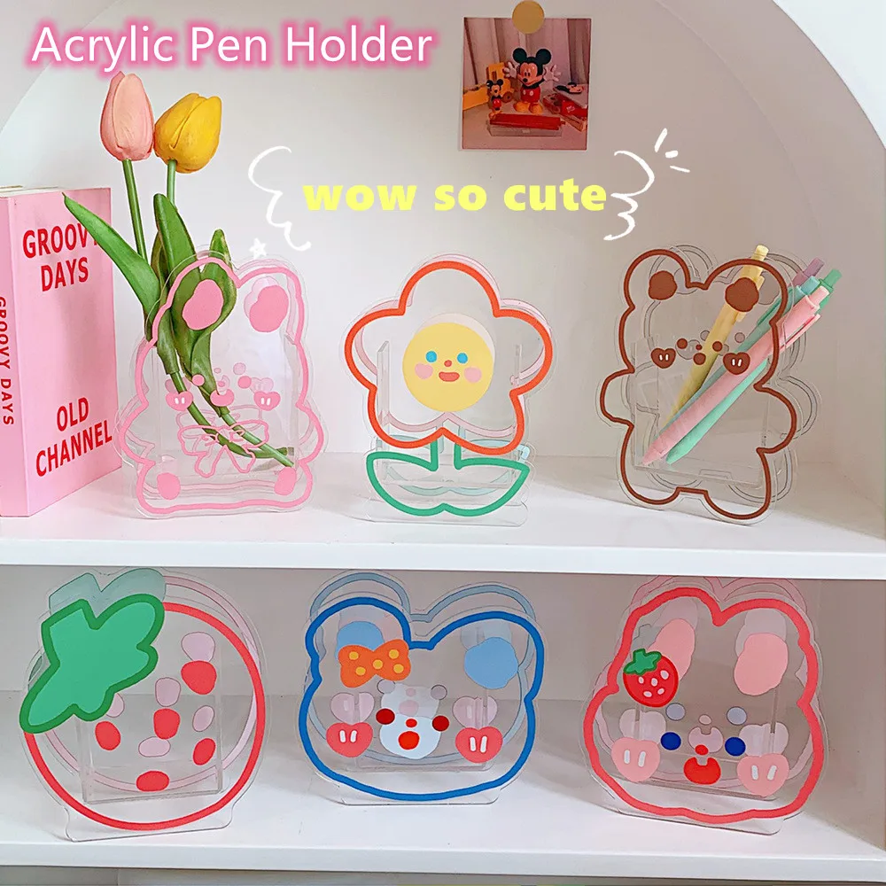 Acrylic Cute Bear Flower Pen Holder Multifunctional Desktop Organizer Transparent Storage Box Kawaii School Stationery