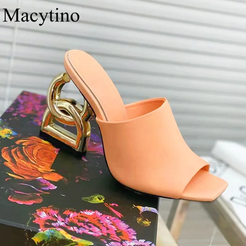 2023 New Strange Metal High Heel Ladies Slippers Summer Square Toe Shallow Mouth Sandals Fashion Party Black Slippers