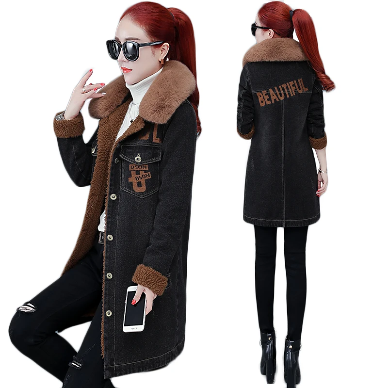 

NEW Fashion Youth Clothing Denim Jacket Women Korean Style Autumn / Winter Plus cashmere Outerwear With Fur Factory Outlets 379